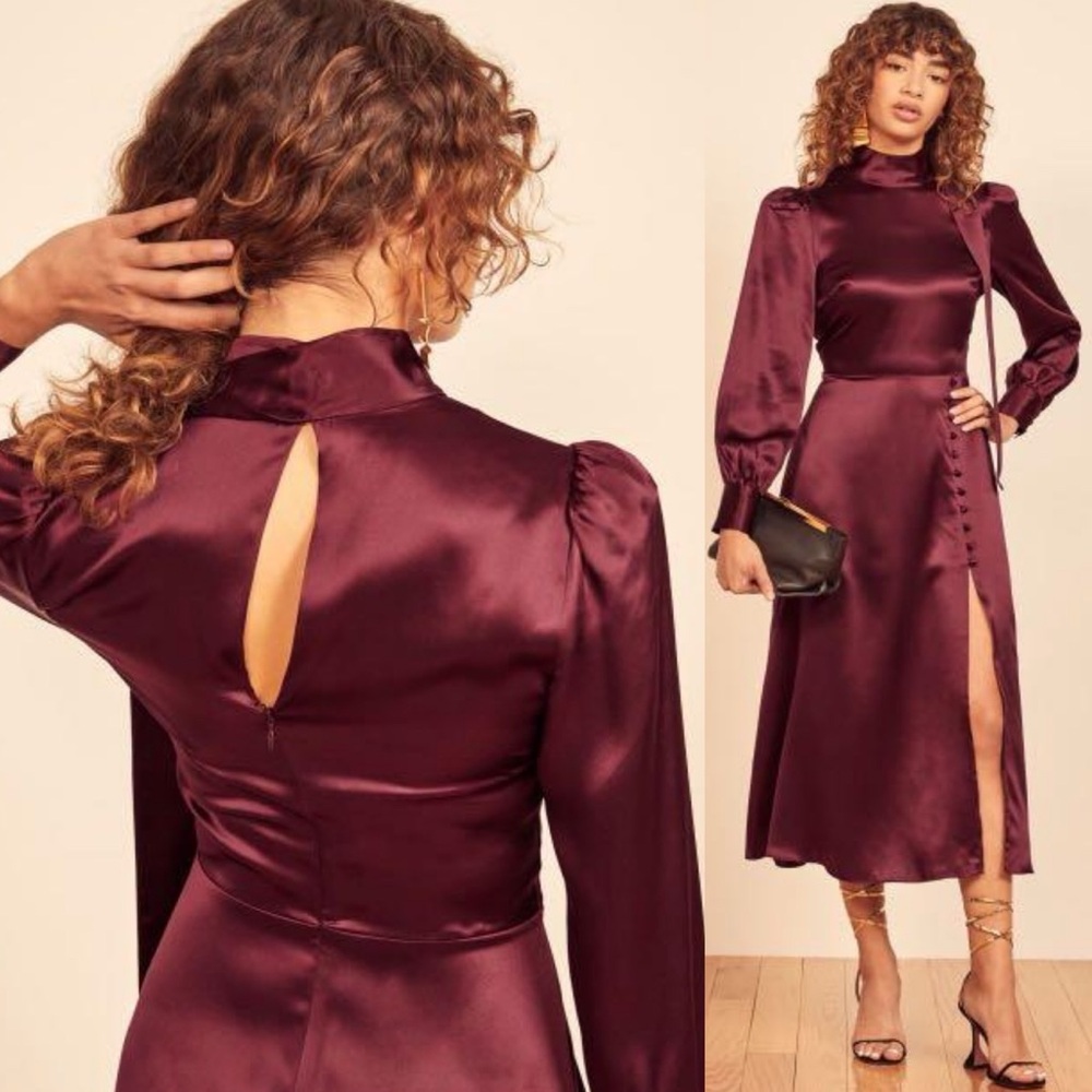 Reformation Maple Silk Midi Dress Plum Burgundy Womens 2 EUC - Picture 4 of 17